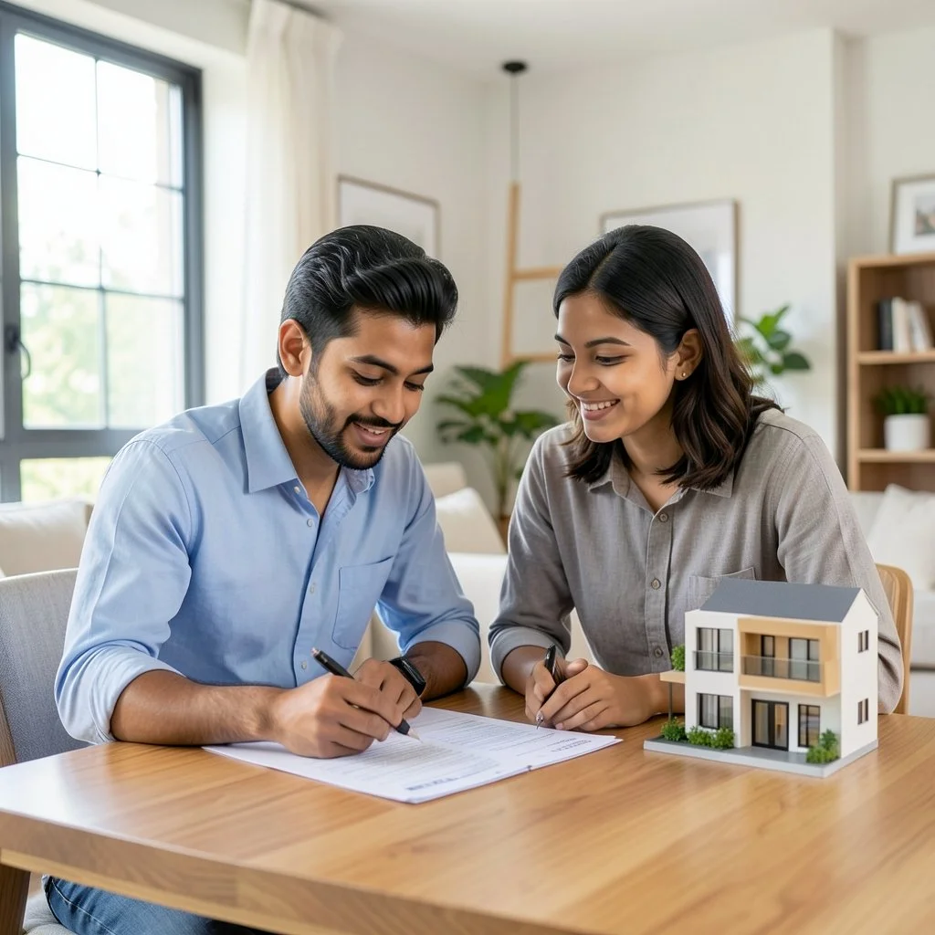 A couple reviewing paperwork beside a model house